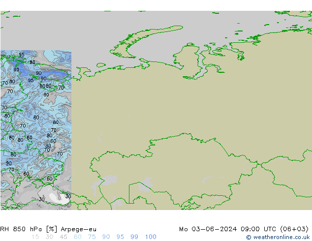 RH 850 hPa Arpege-eu Po 03.06.2024 09 UTC