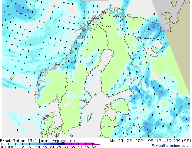 Precipitation (6h) Arpege-eu Mo 03.06.2024 12 UTC