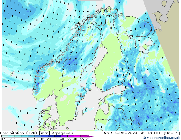 Precipitation (12h) Arpege-eu Po 03.06.2024 18 UTC