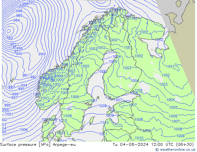 Surface pressure Arpege-eu Tu 04.06.2024 12 UTC