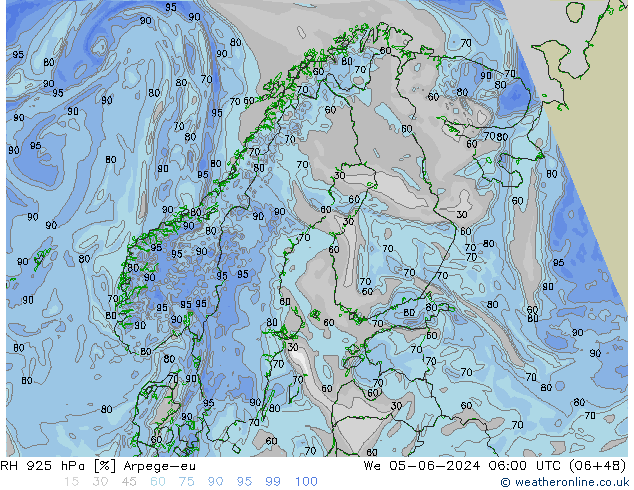 RH 925 гПа Arpege-eu ср 05.06.2024 06 UTC