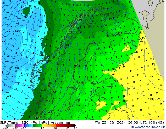 SLP/Temp. 850 hPa Arpege-eu mer 05.06.2024 06 UTC