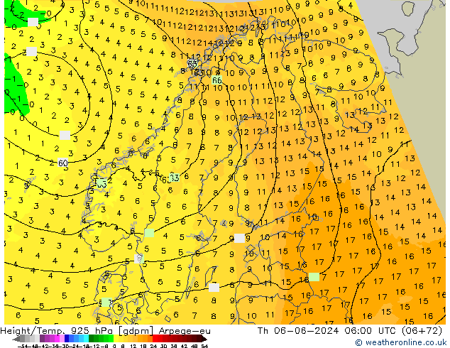 Height/Temp. 925 hPa Arpege-eu Čt 06.06.2024 06 UTC