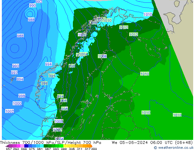 Thck 700-1000 hPa Arpege-eu  05.06.2024 06 UTC