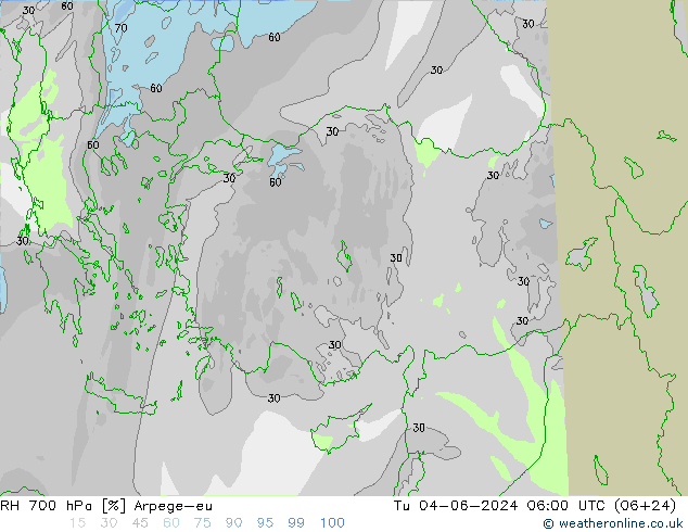 RH 700 hPa Arpege-eu wto. 04.06.2024 06 UTC