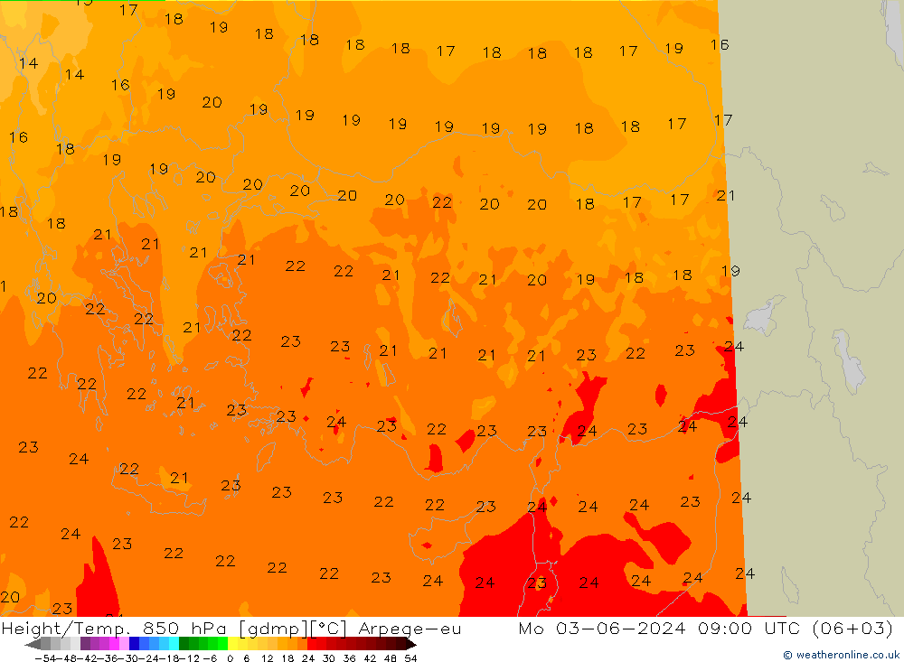 Height/Temp. 850 hPa Arpege-eu Mo 03.06.2024 09 UTC