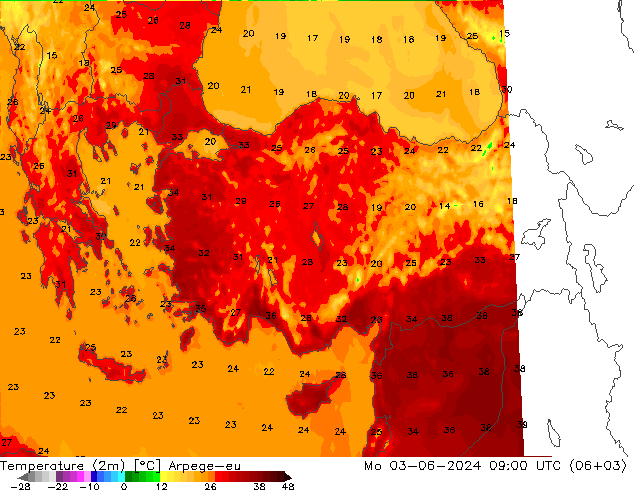 Temperature (2m) Arpege-eu Mo 03.06.2024 09 UTC