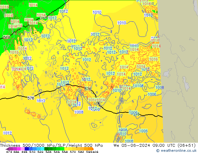 500-1000 hPa Kalınlığı Arpege-eu Çar 05.06.2024 09 UTC