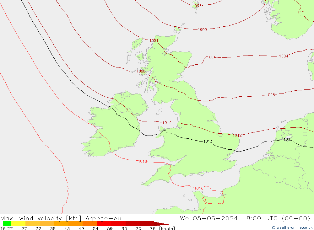 Max. wind velocity Arpege-eu We 05.06.2024 18 UTC