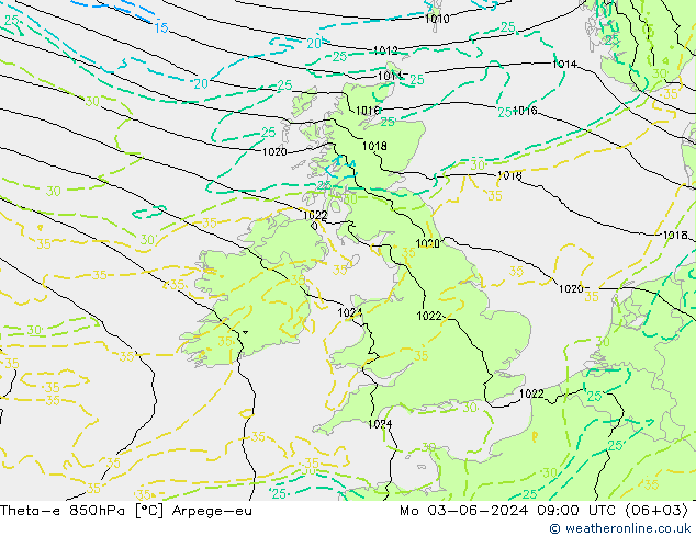 Theta-e 850hPa Arpege-eu lun 03.06.2024 09 UTC