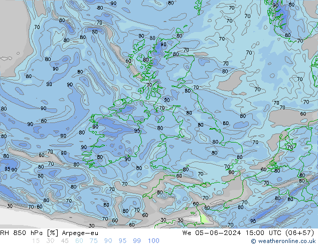 Humedad rel. 850hPa Arpege-eu mié 05.06.2024 15 UTC