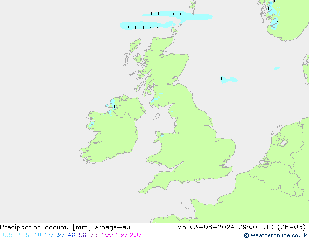 Precipitation accum. Arpege-eu Mo 03.06.2024 09 UTC