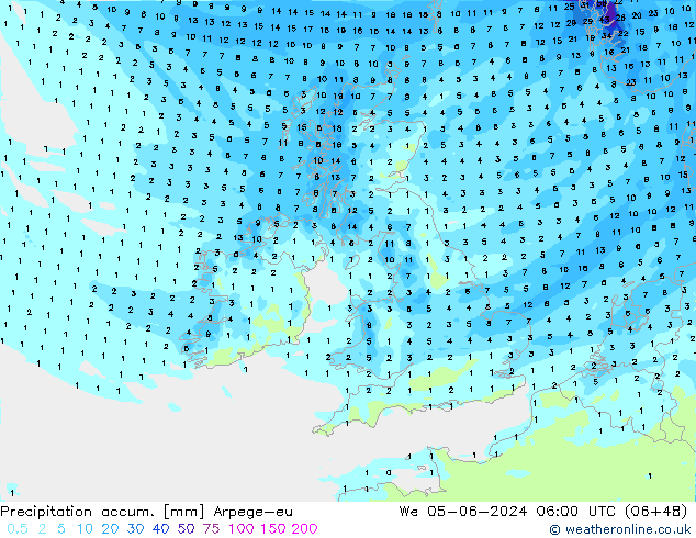 Précipitation accum. Arpege-eu mer 05.06.2024 06 UTC