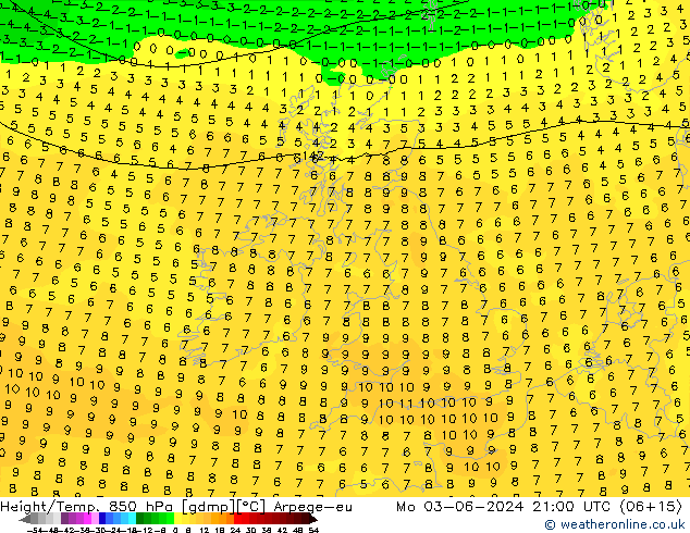 Height/Temp. 850 hPa Arpege-eu Mo 03.06.2024 21 UTC