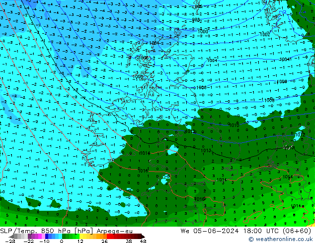 SLP/Temp. 850 hPa Arpege-eu mer 05.06.2024 18 UTC