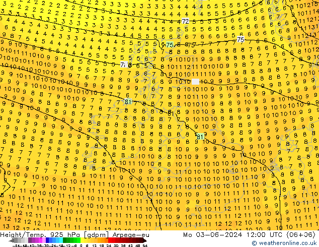 Géop./Temp. 925 hPa Arpege-eu lun 03.06.2024 12 UTC