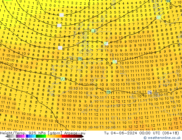 Height/Temp. 925 гПа Arpege-eu вт 04.06.2024 00 UTC