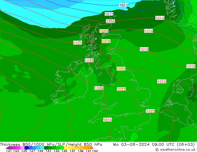 Schichtdicke 850-1000 hPa Arpege-eu Mo 03.06.2024 09 UTC