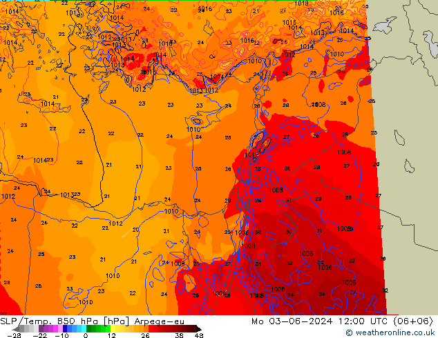 SLP/Temp. 850 hPa Arpege-eu Mo 03.06.2024 12 UTC