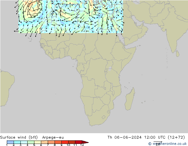 Surface wind (bft) Arpege-eu Th 06.06.2024 12 UTC