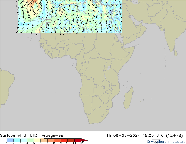 Viento 10 m (bft) Arpege-eu jue 06.06.2024 18 UTC