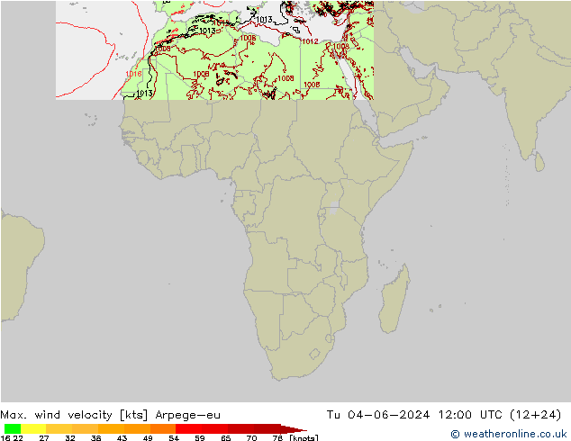 Max. wind velocity Arpege-eu Tu 04.06.2024 12 UTC