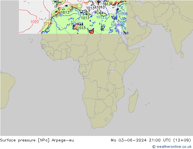 Pressione al suolo Arpege-eu lun 03.06.2024 21 UTC