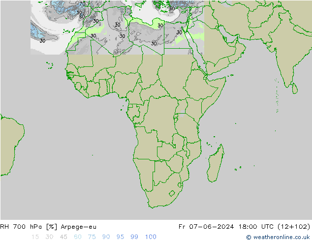 RH 700 hPa Arpege-eu ven 07.06.2024 18 UTC