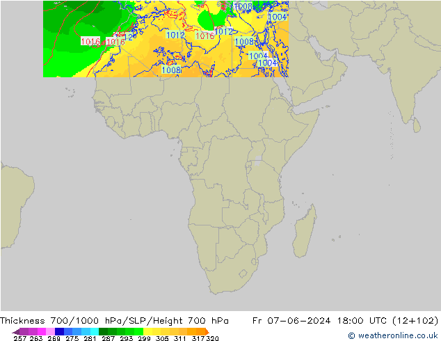 Thck 700-1000 hPa Arpege-eu Sex 07.06.2024 18 UTC