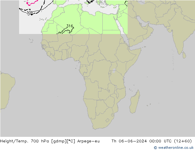 Height/Temp. 700 hPa Arpege-eu czw. 06.06.2024 00 UTC