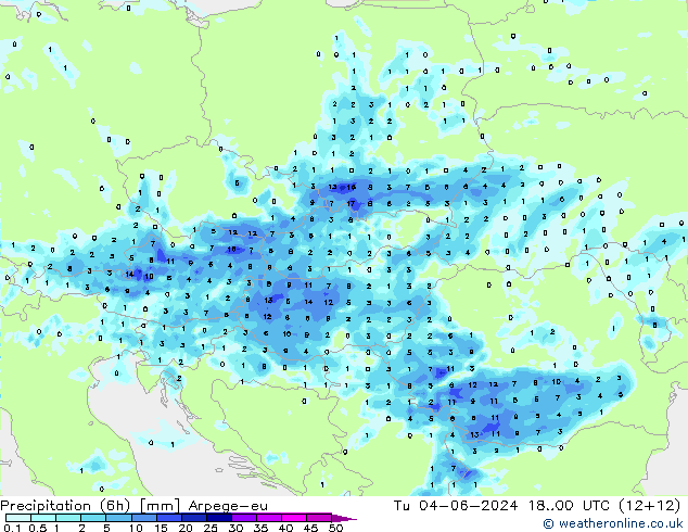 Precipitation (6h) Arpege-eu Tu 04.06.2024 00 UTC