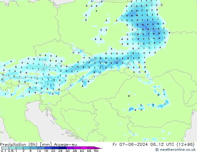 Précipitation (6h) Arpege-eu ven 07.06.2024 12 UTC