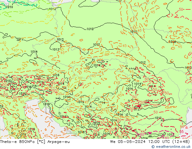 Theta-e 850hPa Arpege-eu Qua 05.06.2024 12 UTC