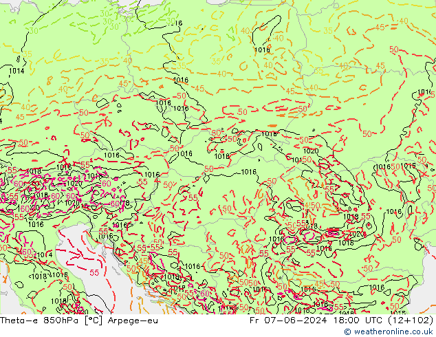 Theta-e 850hPa Arpege-eu ven 07.06.2024 18 UTC