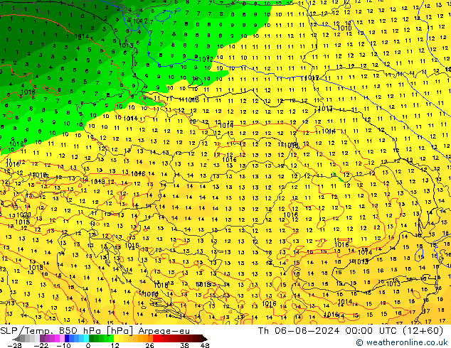 SLP/Temp. 850 hPa Arpege-eu gio 06.06.2024 00 UTC