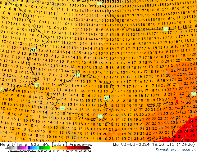 Géop./Temp. 925 hPa Arpege-eu lun 03.06.2024 18 UTC