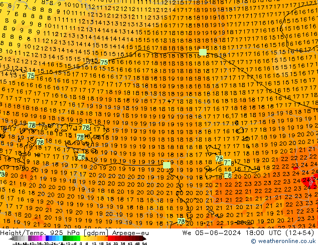 Height/Temp. 925 hPa Arpege-eu St 05.06.2024 18 UTC