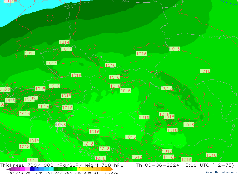 Thck 700-1000 hPa Arpege-eu czw. 06.06.2024 18 UTC