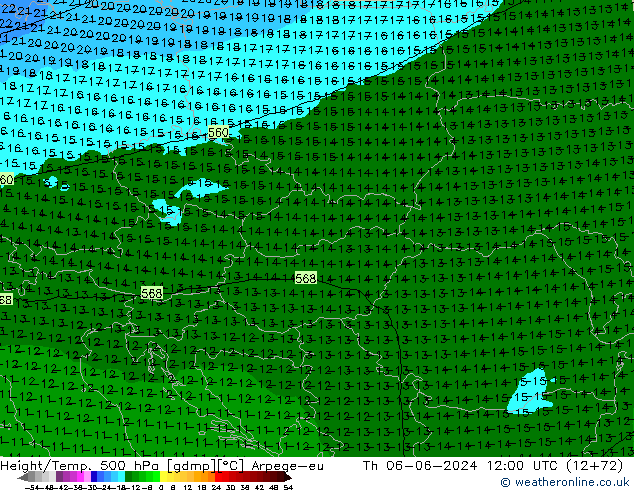 Height/Temp. 500 hPa Arpege-eu Čt 06.06.2024 12 UTC