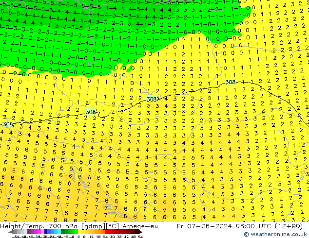 Géop./Temp. 700 hPa Arpege-eu ven 07.06.2024 06 UTC