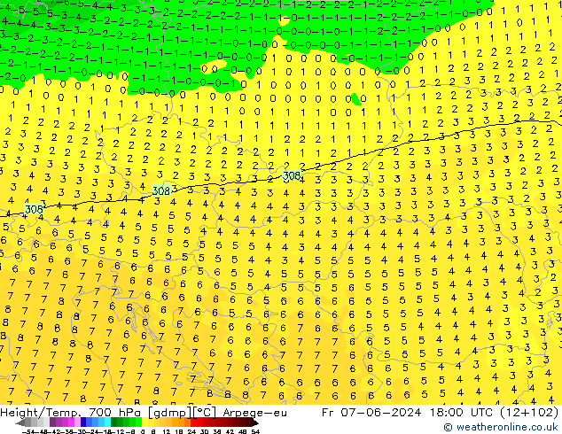 Height/Temp. 700 hPa Arpege-eu ven 07.06.2024 18 UTC