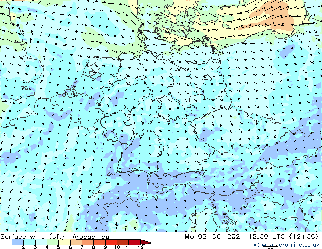 wiatr 10 m (bft) Arpege-eu pon. 03.06.2024 18 UTC