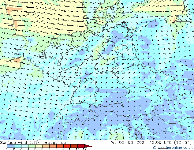 Vento 10 m (bft) Arpege-eu mer 05.06.2024 18 UTC