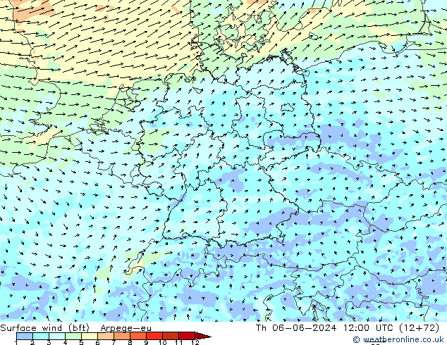 Surface wind (bft) Arpege-eu Th 06.06.2024 12 UTC