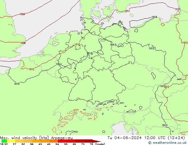 Max. wind velocity Arpege-eu mar 04.06.2024 12 UTC