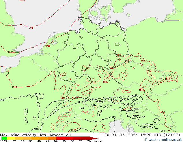 Max. wind velocity Arpege-eu Tu 04.06.2024 15 UTC