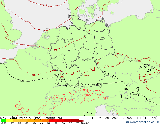 Max. wind snelheid Arpege-eu di 04.06.2024 21 UTC