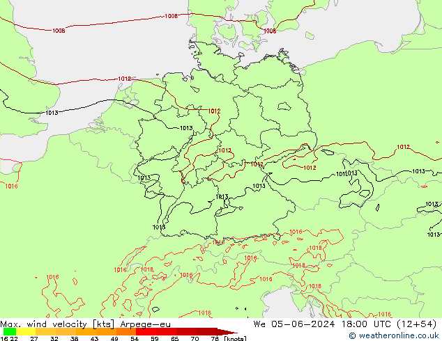 Max. wind snelheid Arpege-eu wo 05.06.2024 18 UTC