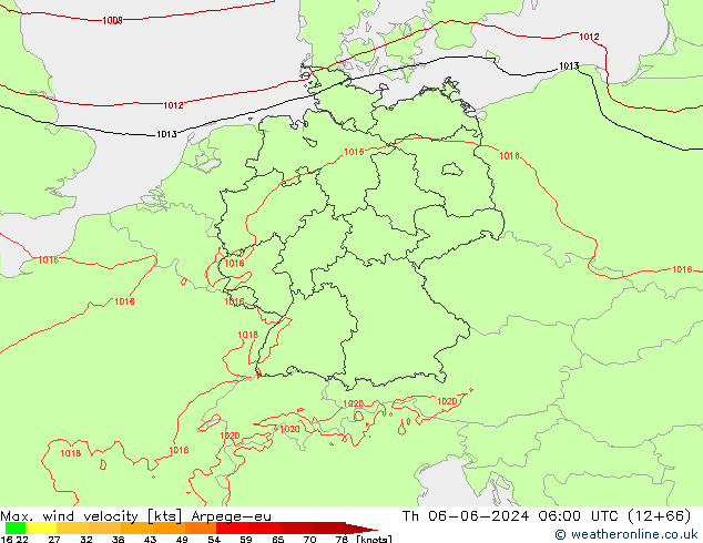 Max. wind velocity Arpege-eu czw. 06.06.2024 06 UTC