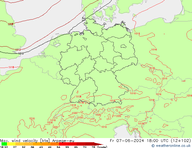 Max. wind velocity Arpege-eu Fr 07.06.2024 18 UTC